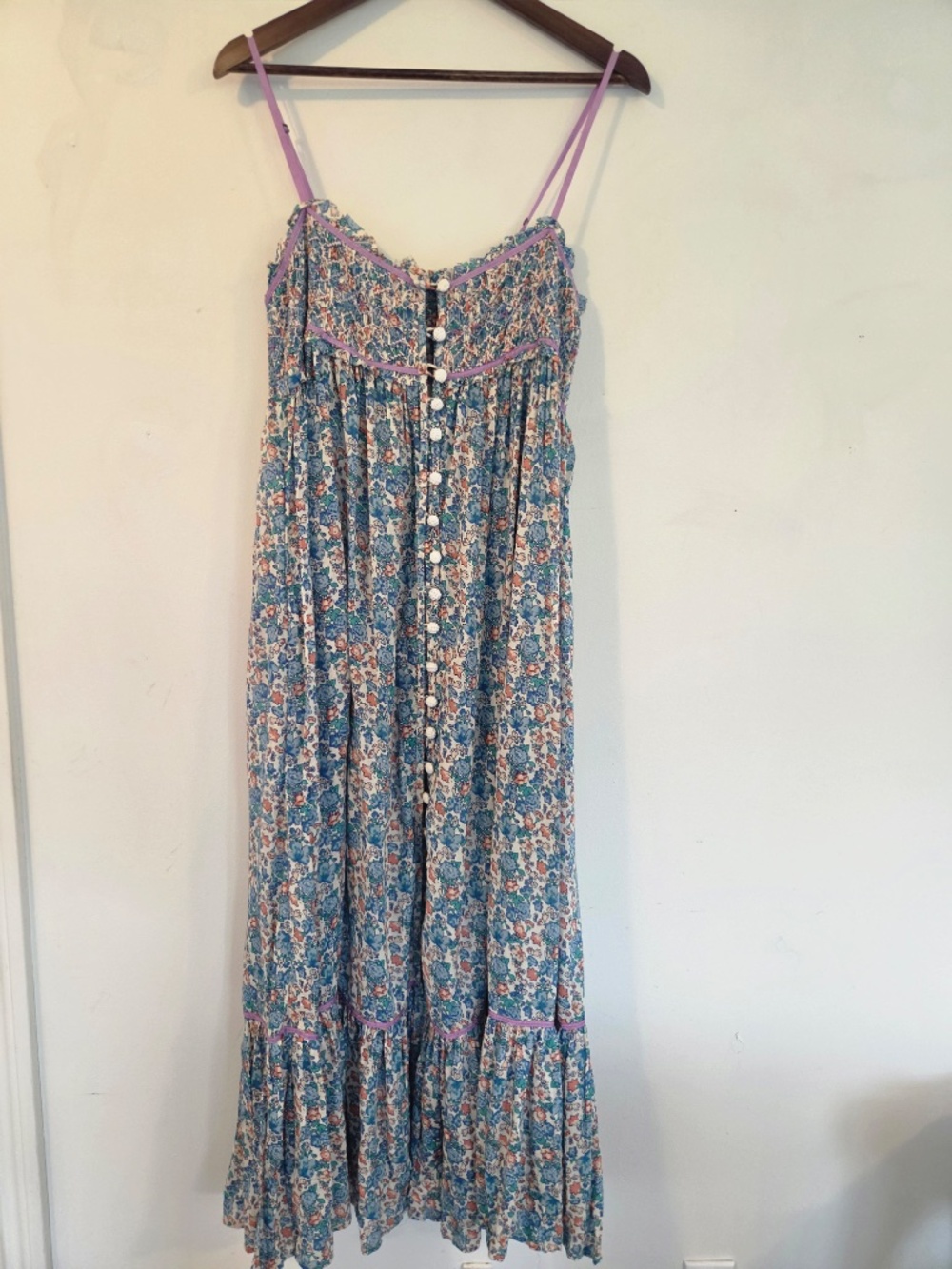 Free People maxi dress M baby doll bodice tiered smocked ribbon cowgirl boho - Picture 4 of 16